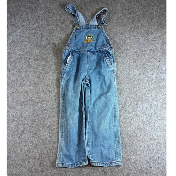 VTG 90s Green Bay Packers NFL Football Jumpsuit Kids Blue Denim Overall Size 4T - Picture 1 of 10